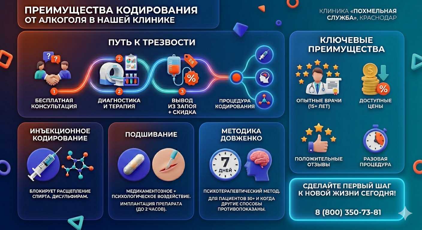 Инфографика о методах кодирования от алкоголя в Уфе: инъекции, подшивание, метод Довженко. Преимущества клиники и этапы лечения.