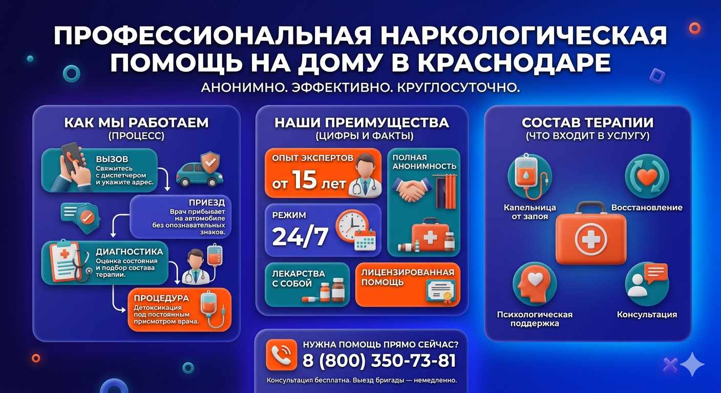 Инфографика о принципах лечения алкоголизма на дому в Уфе: этапы вызова нарколога, преимущества анонимной детоксикации и состав медицинской помощи.